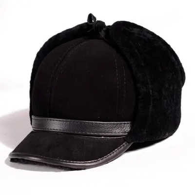 black RY981 Роскошные зимние мужские шапки-бомберы из натуральной кожи с натуральным мехом козы, мужские теплые флисовые шапки коричневого/темно-синего цвета, мотоциклетные шапки - Цвет: black