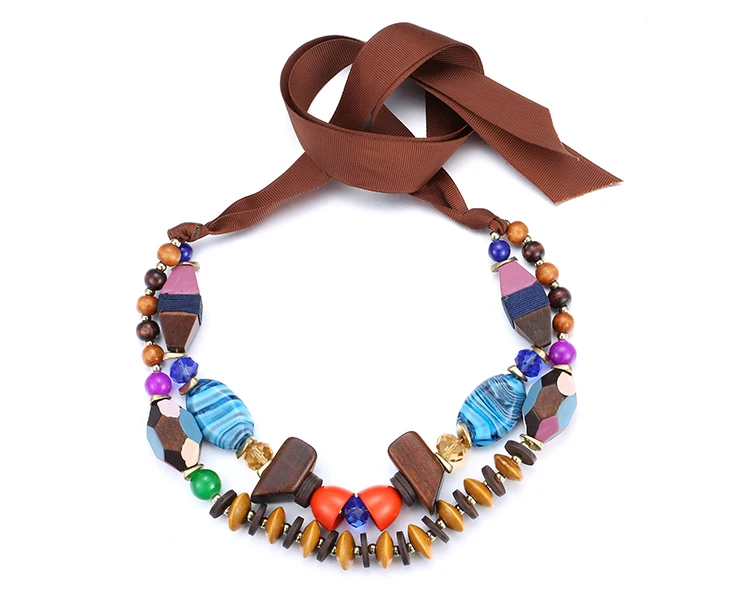 Colorful bead necklace multilayer rope necklaces for women wooden beaded resin adjustable handmade choker necklace eManco