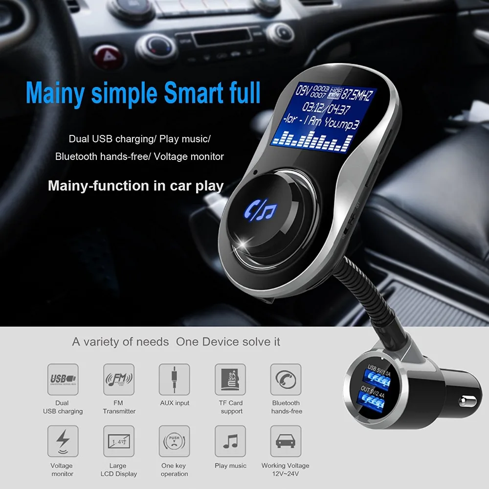 Bluetooth Handsfree Aux автомобильный комплект fm-передатчик беспроводной радио адаптер с двумя портами usb и 1,4 дюймовый экран дисплея