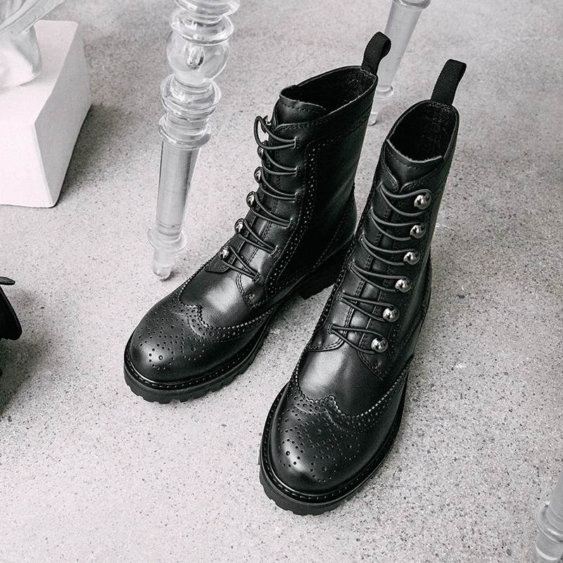 ISNOM Motorcycle Boots Women Mid-Calf Military Boot Round Toe Neutral Brogue Shoes Female Cross Tied Rivet Casual Shoes Ladies
