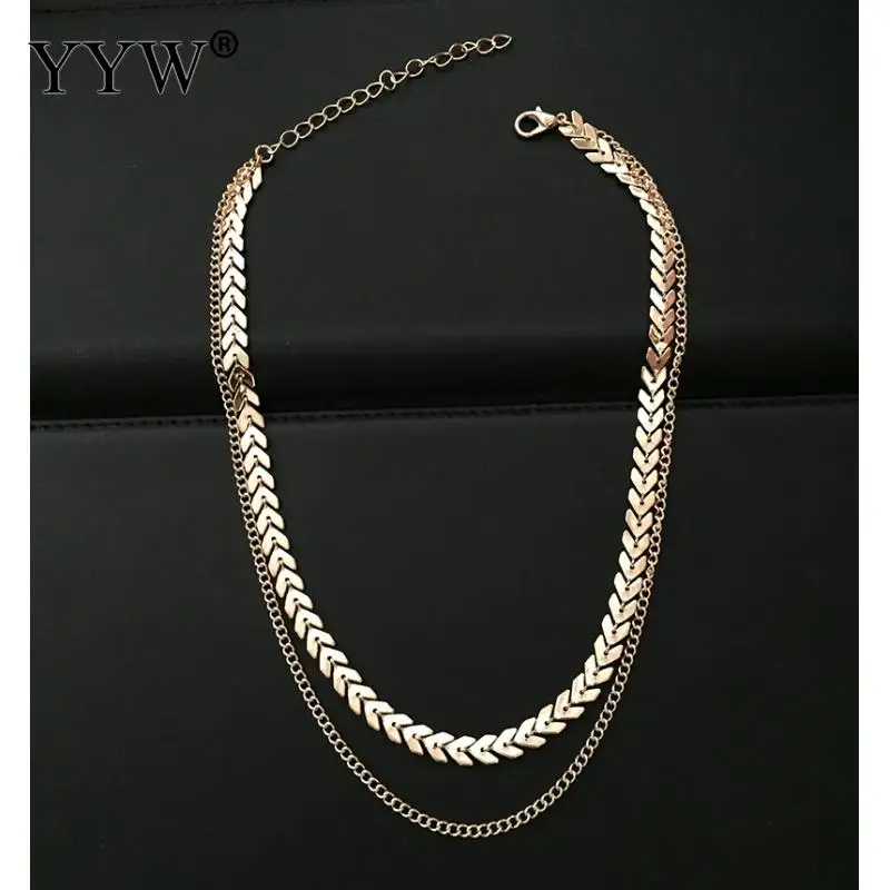 

2019 Gold Color metal Two Layer Choker Necklaces Fishbone Chain simple jewelry collana Kolye Bijoux Collares Mujer collier femme