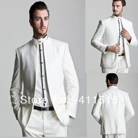free shippingcustom made cheap new style white groom tuxedos mandarin lapel groomsmen men for dress wedding groom wear suits