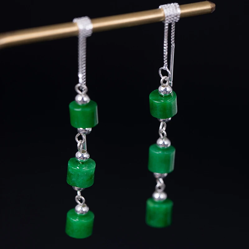 INALIS New Unique Long Ear Line Chain Brincos S925 Sterling Silver Cylinder Emerald Jade Fashion Drop Dangle Earring Jewelry | Украшения и