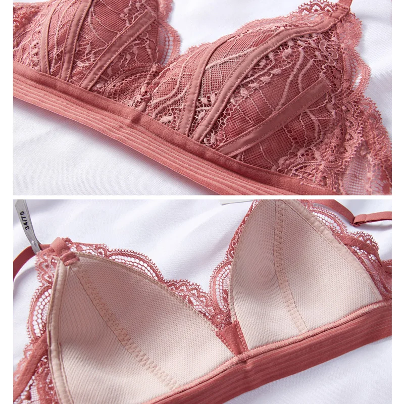 Женский кружевной комплект нижнего белья розовый с бюстгальтером и эффектом