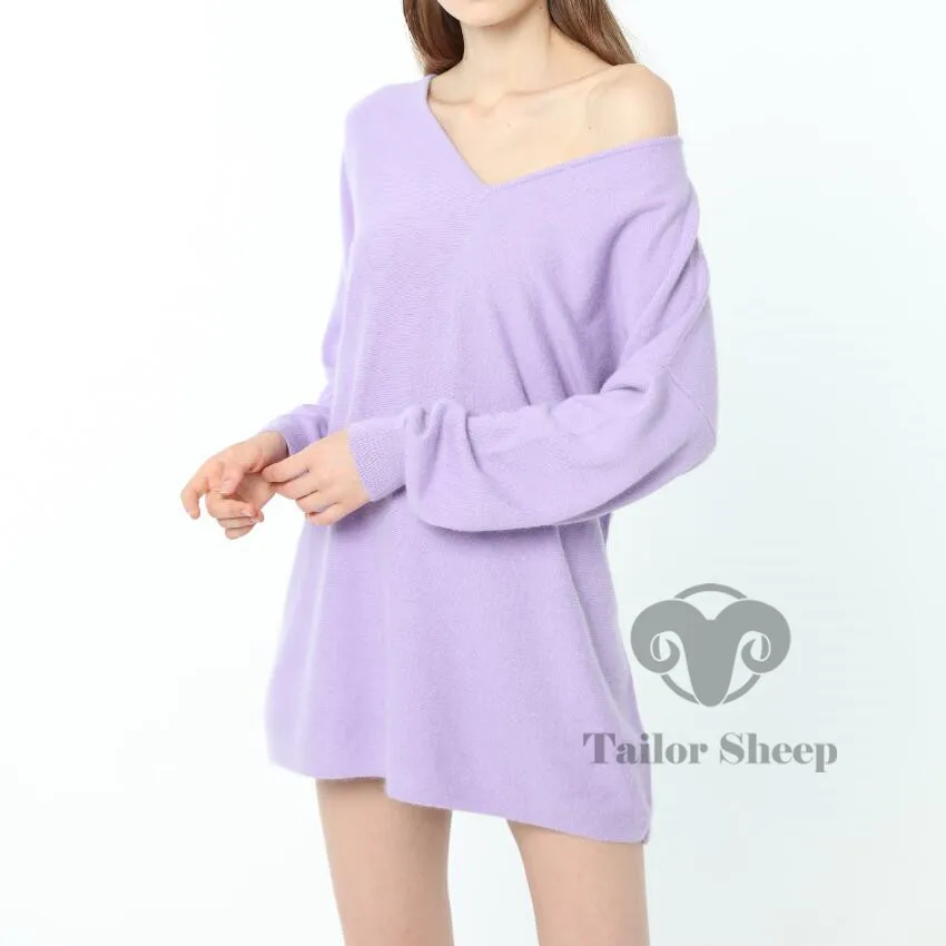 light purple Женский свитер из чистого кашемира, женский свободный вязаный пуловер с v-образным вырезом и длинным рукавом, шерстяные топы больших размеров - Цвет: light purple
