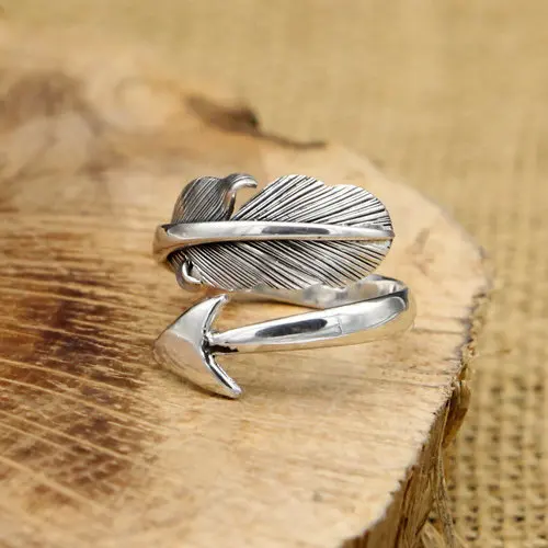 

Fashion S925 Sterling Silver Retro Thai Silver Men And Women Cupid Arrows Open Ended Ring Takahashi Kagura Goro's Feathers