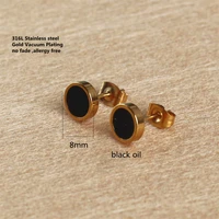 316 l stainless steel titanium brief style stud earrings 8mm black oil round shape gold color plating no fade allergy free