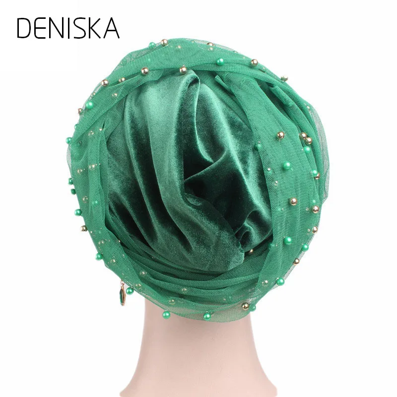 DENISKA 2018 Headscarf Turbante Luxury Mass Gold Beaded Mesh Head wrap Velvet Nigerian Turban Women Hijab Extra Long scarf | Аксессуары