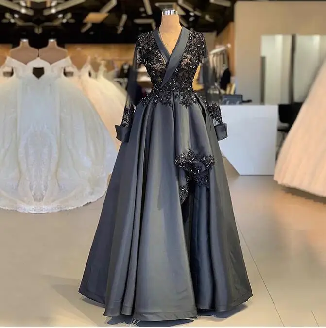 Long Sleeves Top See Through High Split Party Dress 2019 Deep V Neck Beaded Black Lace Women Formal Evening Gown robe de soiree | Свадьбы и