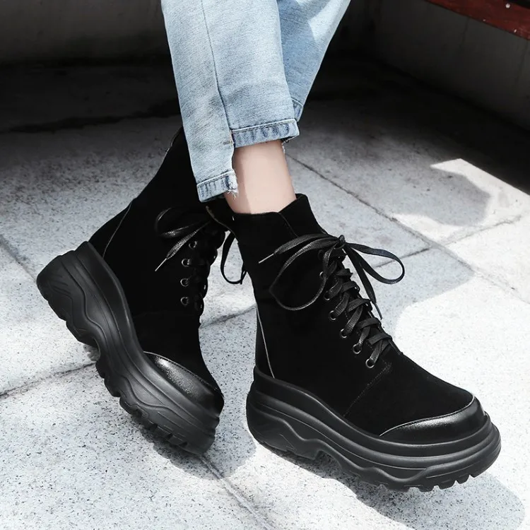 PXELENA/Винтажные ботинки на толстой плоской платформе с подошвой Женские резиновой