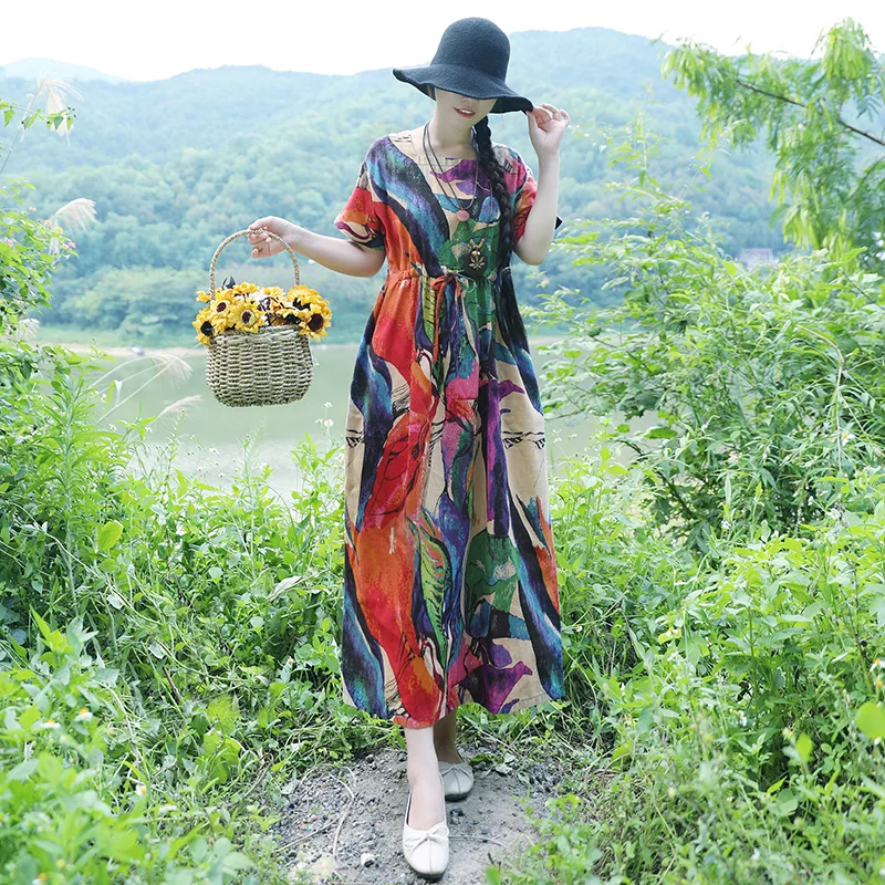 

Women Summer Cotton Linen Print Robe Dress Vintage Ethnic Boho Beach Holiday Short Sleeve High Waist Loose Robe Dress Vestidos