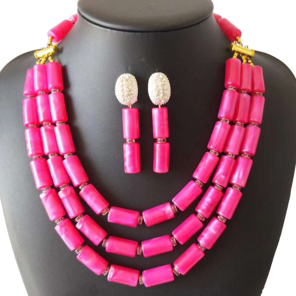 3 Rows Pink Faux Coral Nigerian Wedding Beads Bridal Costume Necklace Fashion African Jewelry Set For Women | Украшения и
