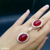 kjjeaxcmy boutique jewels 925 pure silver inlay natural red jade medulla ring pendant suit inlay diamond shaped 18k gold godde