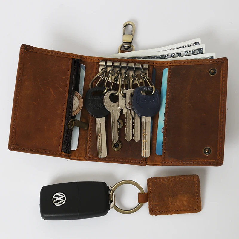 SIMLINE Genuine Crazy Horse Leather Men Wallet Car Key Holder Men's Vintage Short Trifold Small Wallets Coin Purse Card | Багаж и