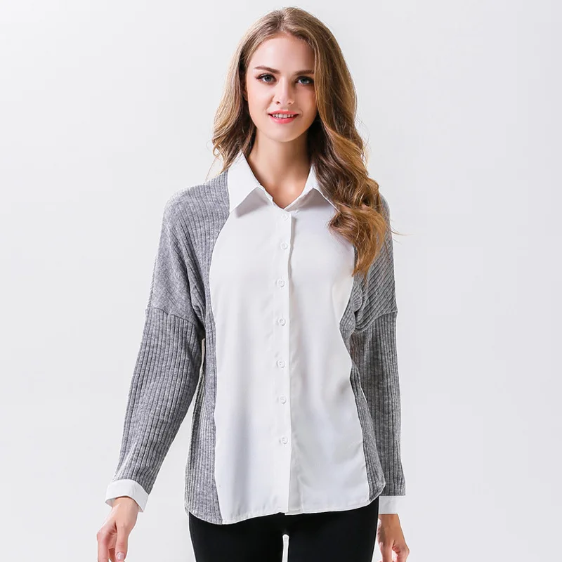 Осень Зима блузка рубашка женская 2018 Blusas трикотажные Лоскутные Blusa повседневные