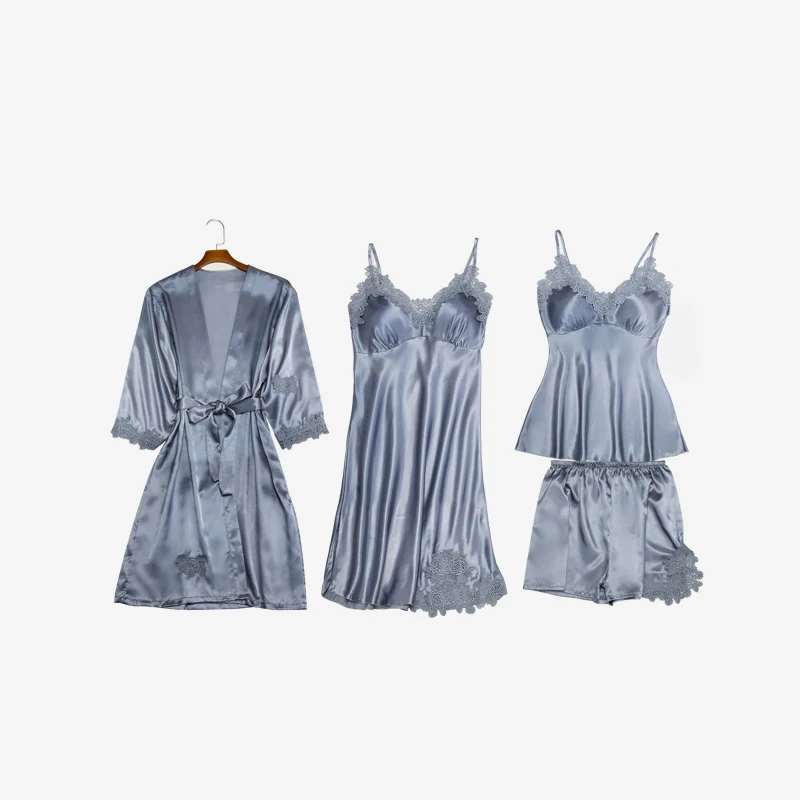 Grey 4 pcs Женские пижамные комплекты из 5 предметов, атласные шелковые полосатые пижамы из вискозы, женские сексуальные кружевные пижамы, комплекты ночного белья без рукавов - Цвет: Grey 4 pcs