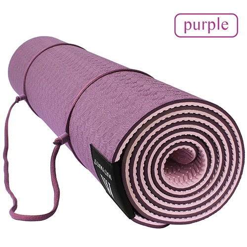 PURPLE Matymats TPE коврик для йоги нескользящий двухслойный с регулируемым ремешком здоровый для похудения для йоги 6 мм 183 см и 61 см - Цвет: PURPLE