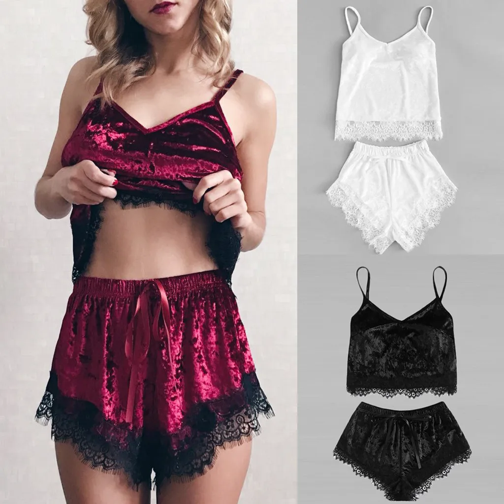 Комплект пижамы из 2 предметов для женщин на бретельках сексуальный кружевной