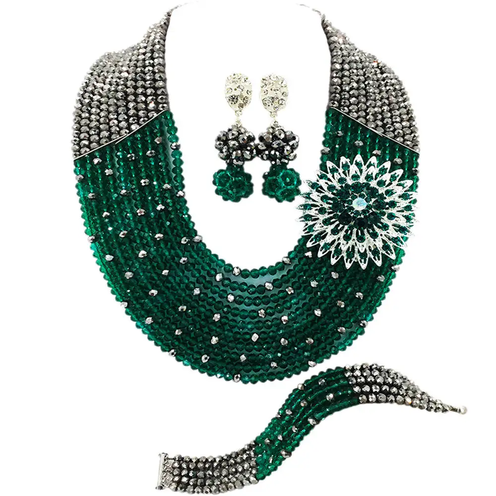 

Fashion Silver Teal Green Army Green Nigerian Wedding African Beads Jewelry Set Crystal Necklace Bracelet Earrings Sets 10SZ22