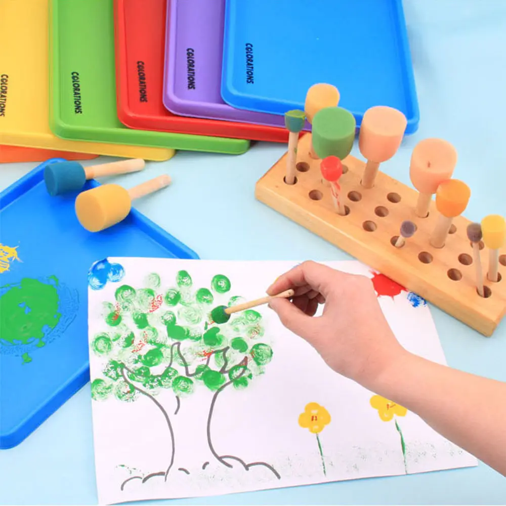 4 шт. губка желтая краска кисть с деревянной ручкой рисующего граффити Дети DIY