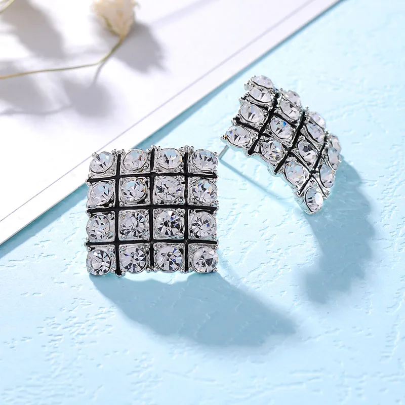 New Korean Temperament OL Square Stud Earrings For Women Fashion Sparking Rhinestone Enamel grid Geometry Earring jewelry | Украшения и