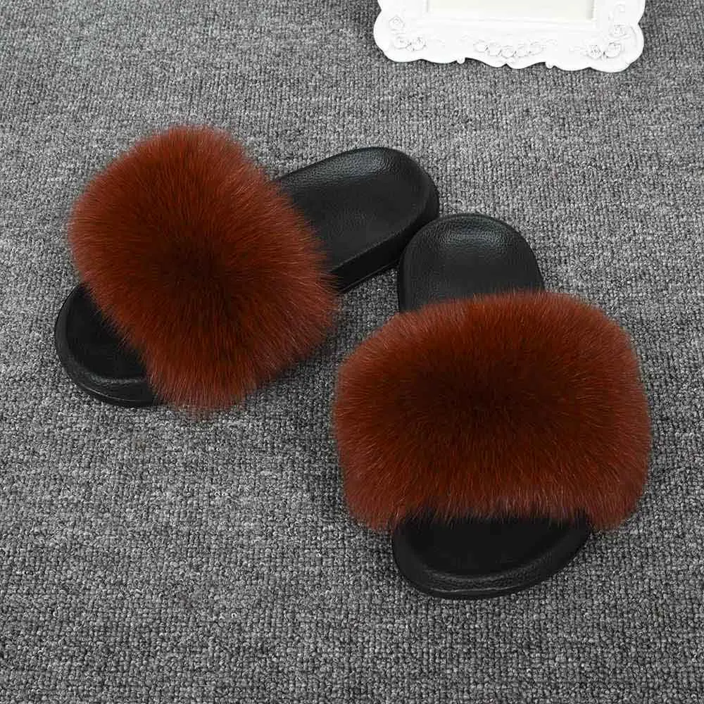Dark Camel Jancoco Max/модные шлепанцы с натуральным лисьим мехом; женские шлепанцы; летние пляжные сандалии; Вьетнамки с натуральным мехом; S6043 - Цвет: Dark Camel
