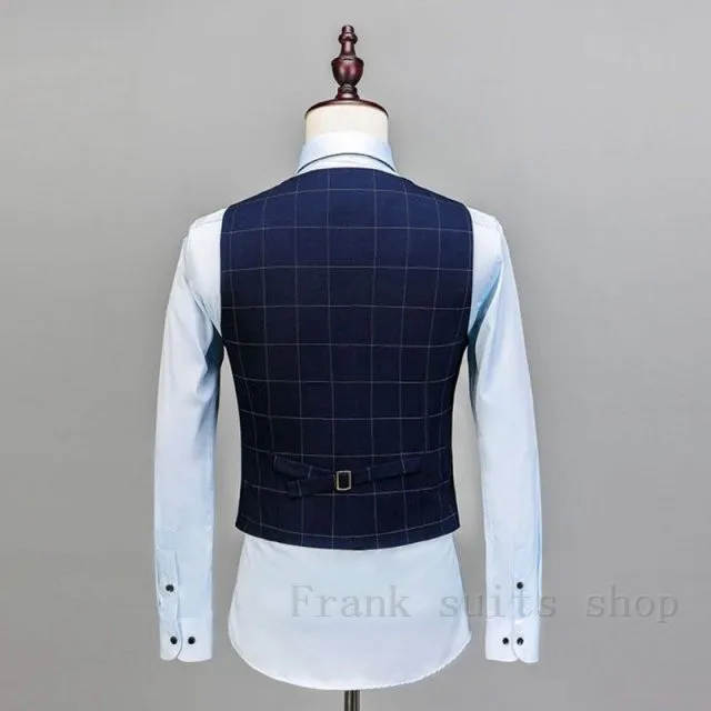 Мужские костюмы из 3 предметов Темно-Синие Клетчатые облегающие свадебные для