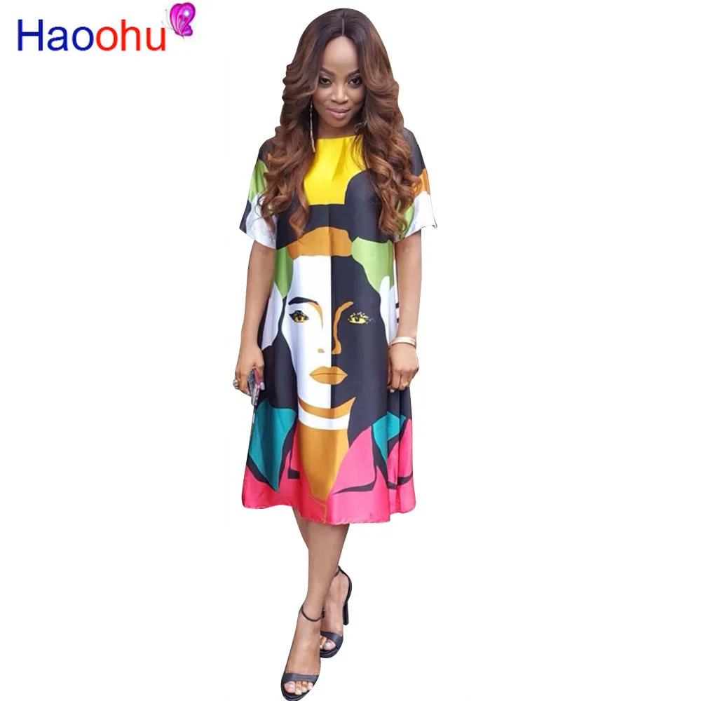 

HAOOHU Character Printed Summer Dress 2019 Women Fashion Round Neck Short Sleeve Dress Harajuku Female Loose Knee-Length Dresses