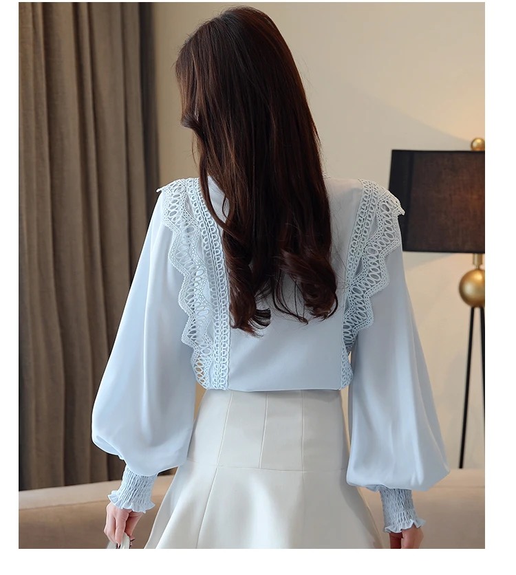 Blusas mujer de moda белая открытая кружевная шифоновая блузка рубашка с рукавом длинным Женские топы и блузки рубашка женская одежда 1448 45