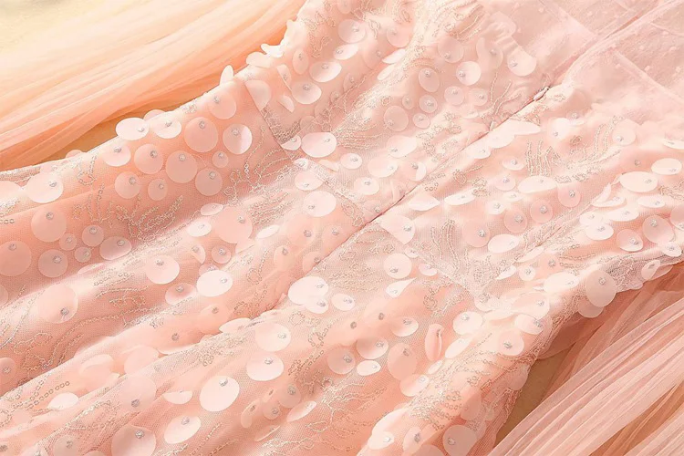 Bling пайетками see through белый/розовый Сетчатое платье Стенд воротник Длинные рукава ТРАПЕЦИЕВИДНОЕ ПЛАТЬЕ С Вышивкой летние вечерние женские платья