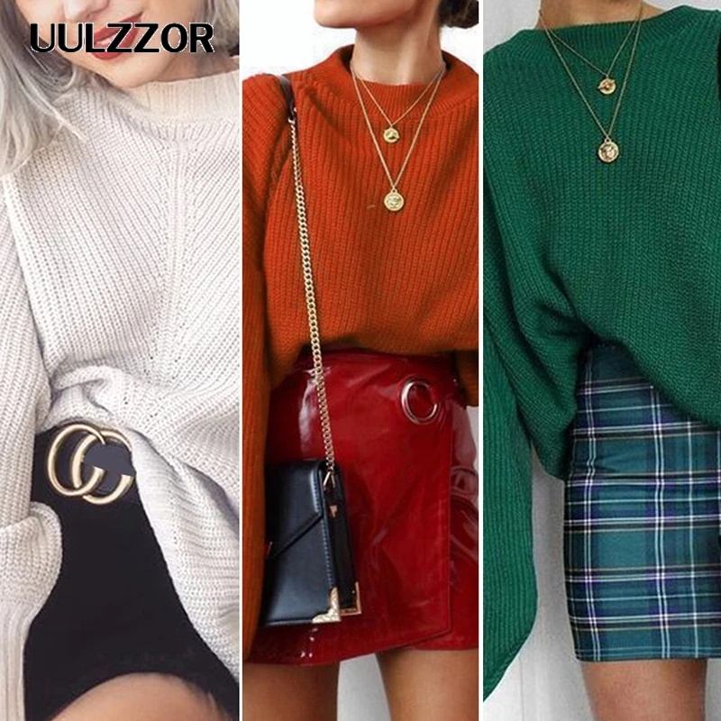 UULZZOR Female autumn sweater jumper New Women loose Winter lantern sleeve knitted pullover Casual round neck | Женская одежда