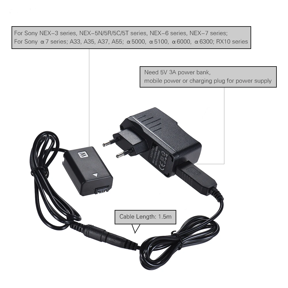 Andoer NP FW50 пустышка батарея + 5 В 3A USB кабель адаптера питания с вилкой Замена для AC PW20
