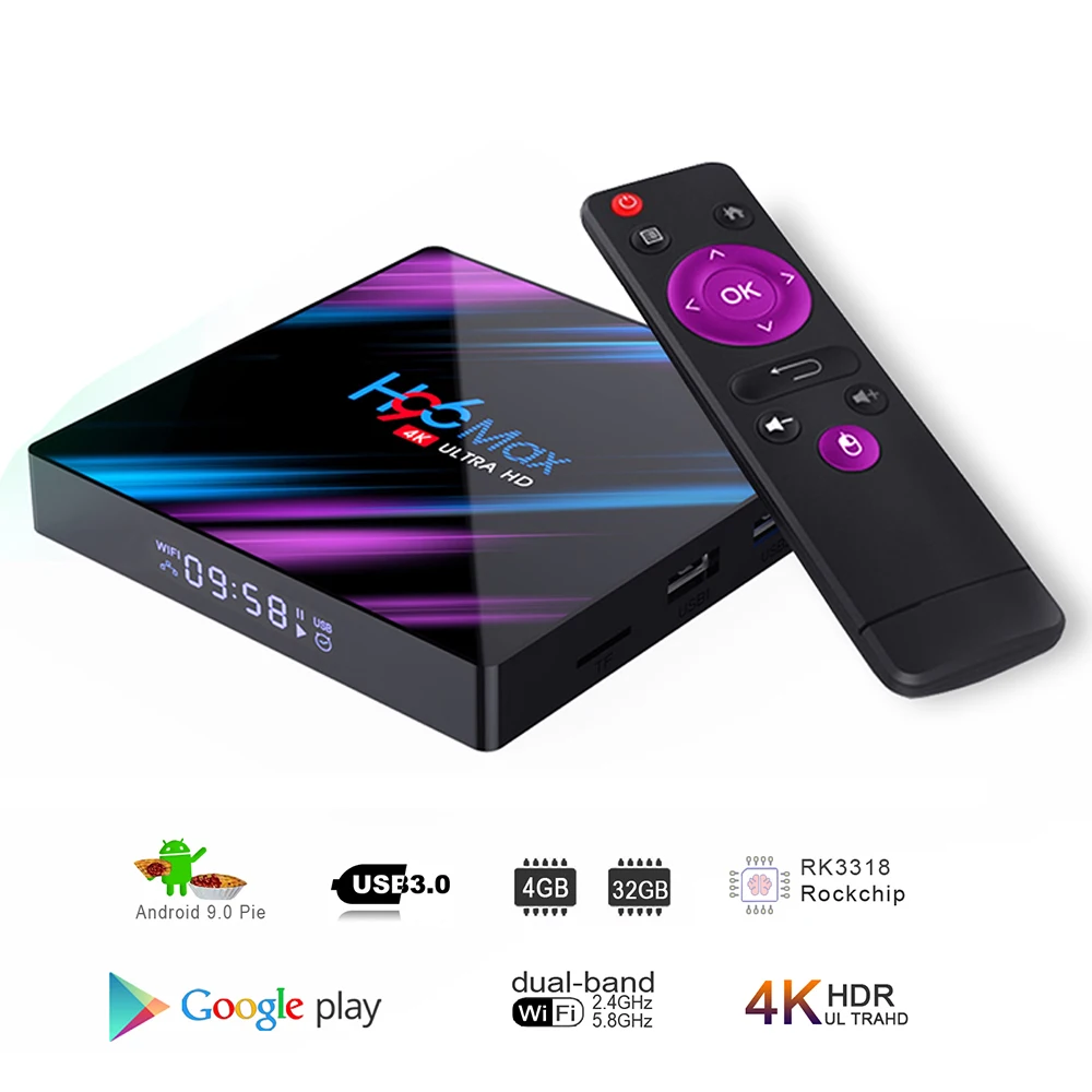 H96 Max Smart tv Box Android 9,0 RK3318 4 ГБ 32 ГБ 64 Гб 4K HDR 2,4G и 5G Wifi BT4.0 USB 3,0 Airplay MAX телеприставка медиаплеер