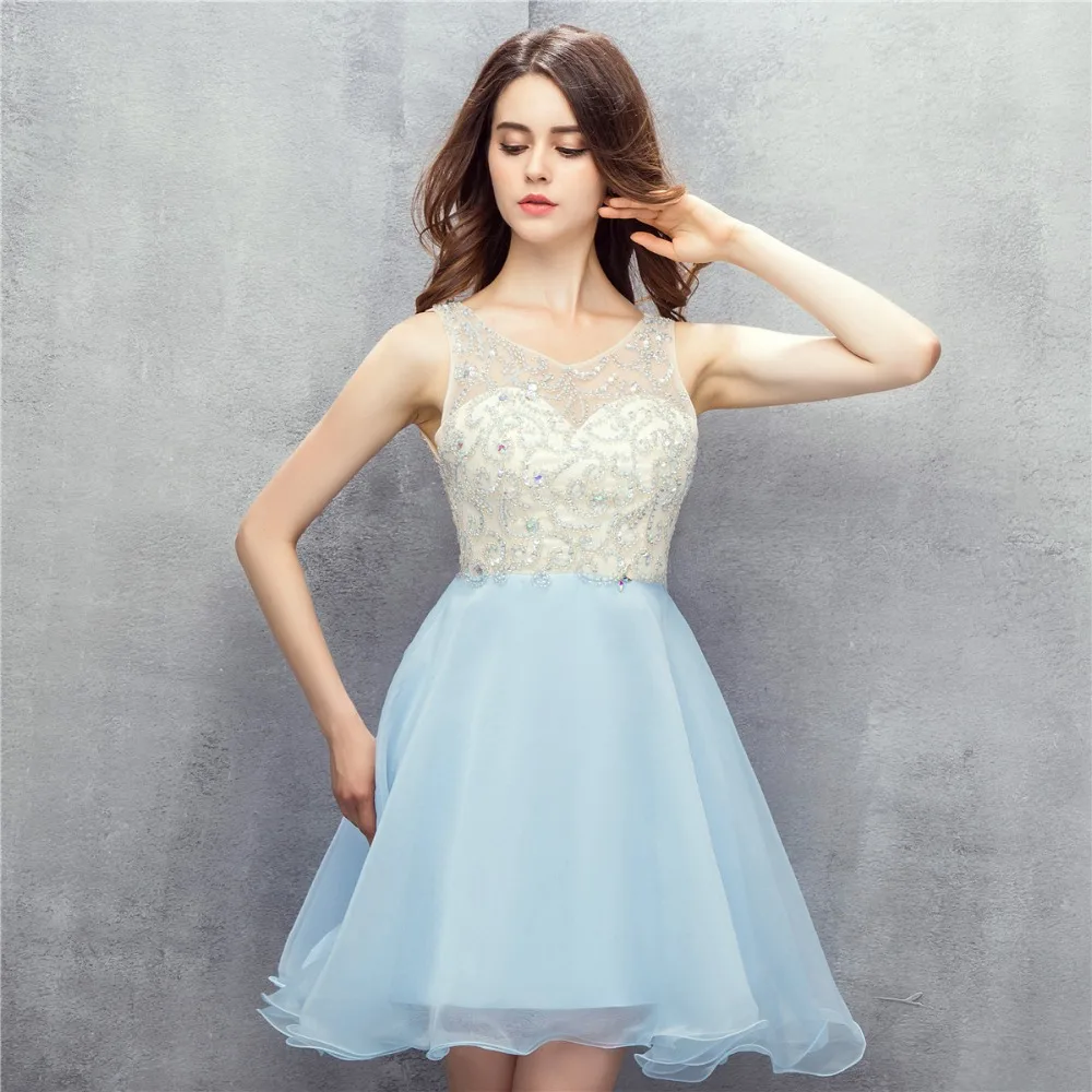 

Blue Organza Tank Sleeveless Short Prom Party Gowns Girls Sweety 16 Homecoming Dresses