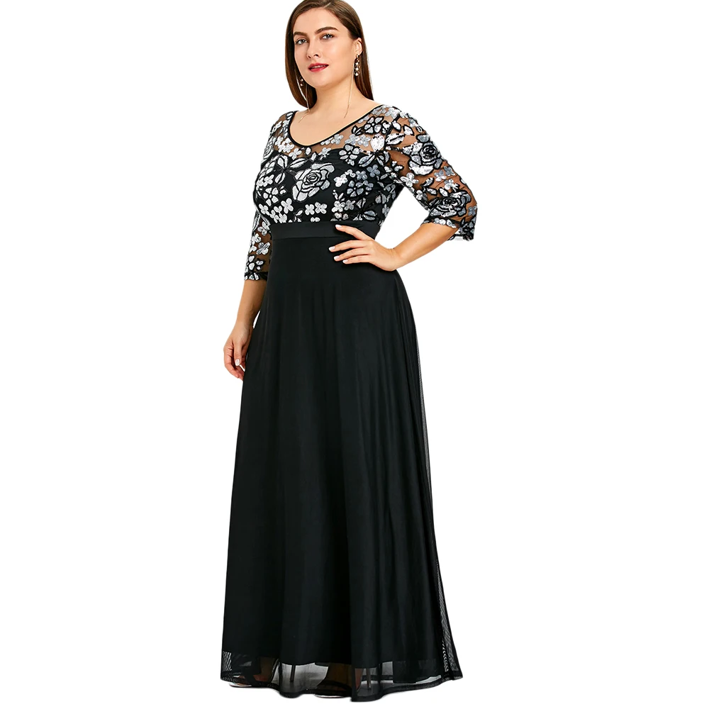 2018 новый плюс Размеры 5xl Sequined Floral Maxi Пром Для женщин праздничное длинное платье
