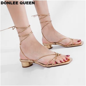 Сандалии женские на низком каблуке, босоножки-гладиаторы с ремешком на щиколотке, повседневная обувь на платформе, с открытым носком, на шнуровке, узкие ремешки