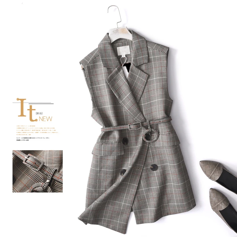 Женский клетчатый Блейзер повседневный двубортный жилет без рукавов с карманами