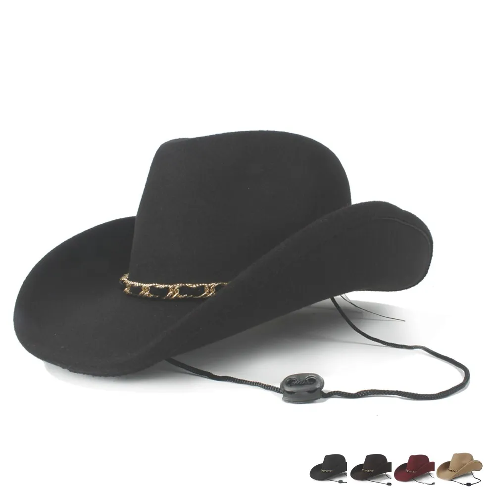 Шерсть полые западная ковбойская шляпа для женщин мужчин Outblack Fedora сомбреро Hombre джаз шляпа ветер веревка