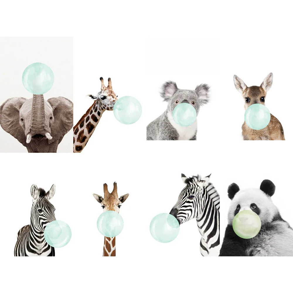 Nordic Home Decoration Painting Animal Blowing Bubbles Giraffe Zebra Canvas Art for Kids Not Framed Set Posters Living Room | Дом и сад