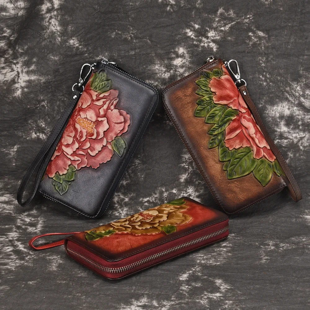 

Vintage Genuine Leather Zipper phone bag wallet women Long Wallet fashion embossing Women's Purse personalized photo wallet