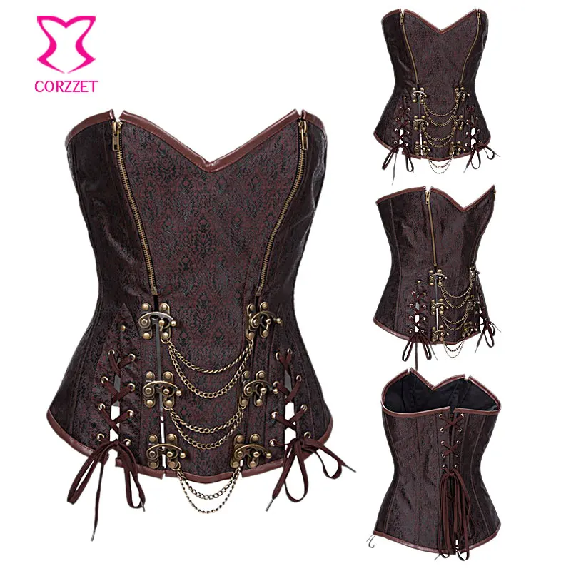 Винтажный корсет в стиле стимпанк с коричневой парчой и застежкой молнией