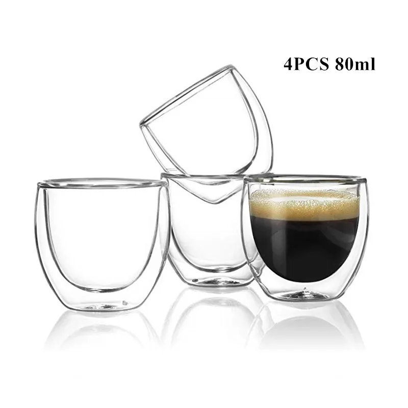 80ml 4PCS Стеклянная прозрачная кружка с двойными стенками ручной работы, Термостойкие чашки для чая и напитков, кружка для здорового напитка, кофейные чашки, изолированное стекло - Цвет: 80ml 4PCS