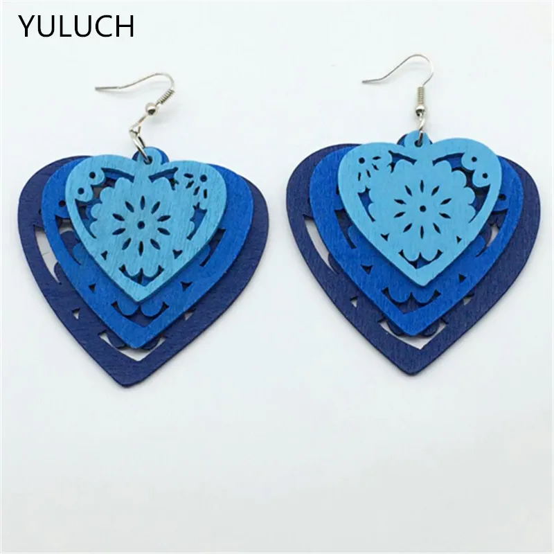 Новинка 2016 деревянные серьги подвески в форме сердца трехцветные длинные