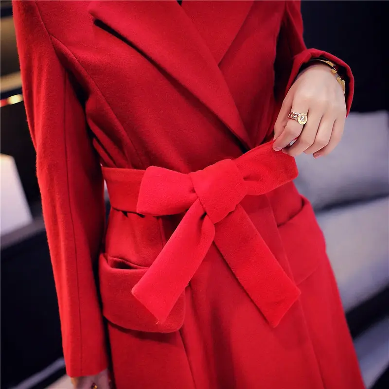 Красное шерстяное пальто 2019 зимнее женское элегантное длинное манто Femme модное