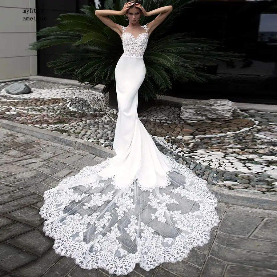 

Cheap Sexy Mermaid Wedding Dress 2020 Long Lace Train Cap Sleeve Applique Long Wedding Gowns Vestidos De Novia Robe De Mariage