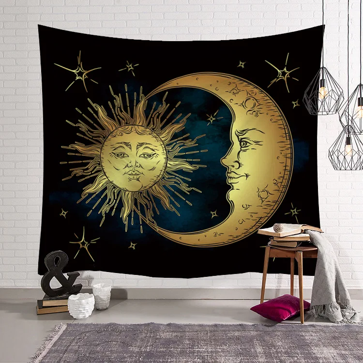Golden Moon Sun Tapestry Fabric Decor Blanket Yoga Sleeping Mat Large150x130cm Beach Towel Carpet Psychedelic tapestry Wall Rug
