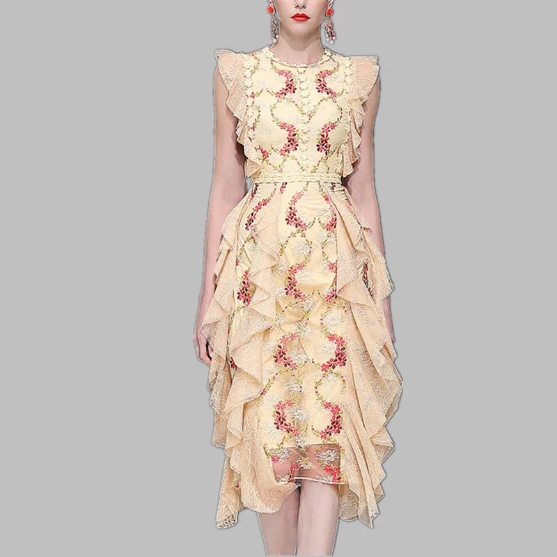 Женское кружевное платье с цветочной вышивкой HAMALIEL длинное винтажное оборками