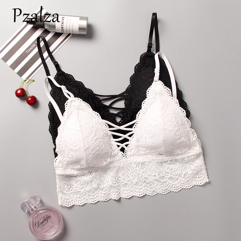 Women Sexy Lace Bralette Triangle Cross Strap Ladies Bras Soft Padded Wireless Brassiere Black White One Sizie | Женская одежда