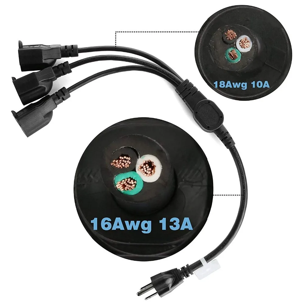 1-to-3 Splitter Cable Power Extension Cord 20 Inches(50CM) Strip Outlet Saver-16AWG US Plug |