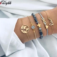 5 pcs set punk turtle map heart letter love crystal beads chain multilayer pendant gold bracelet set charm girl jewelry gift